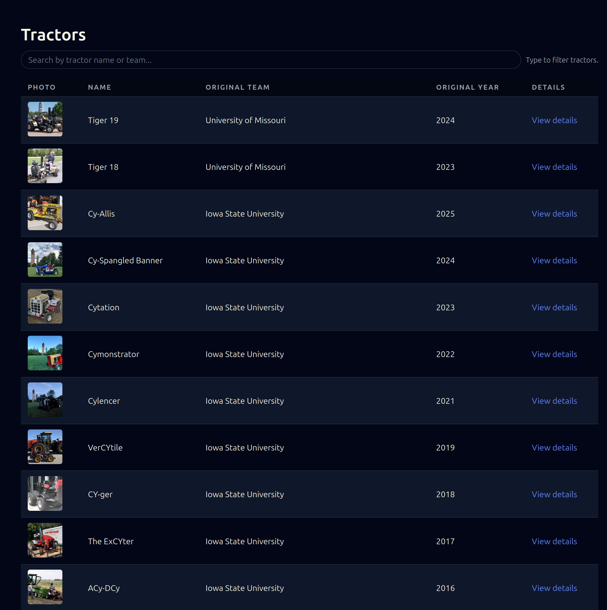 Tractors page screenshot